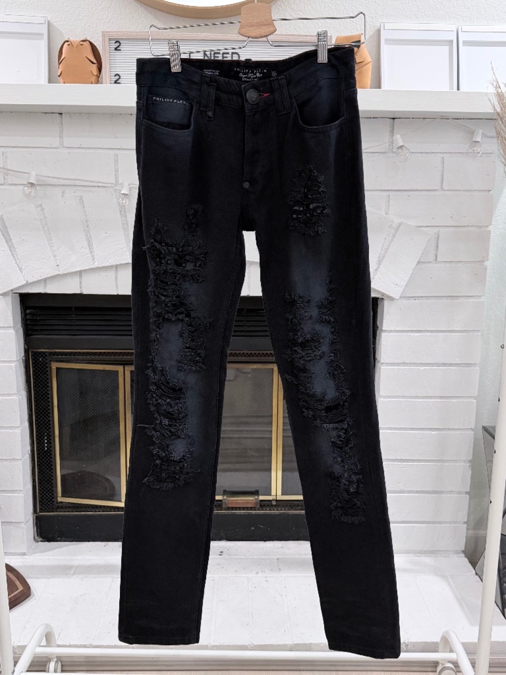 $1250 Phillip Plein Heavy Lamb Leather Studded Distressed Skinny Denim Jeans